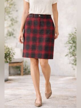 Eddie Bauer Wool Plaid Pencil Skirt Petite 6 Red Gray Tartan Lined Classic